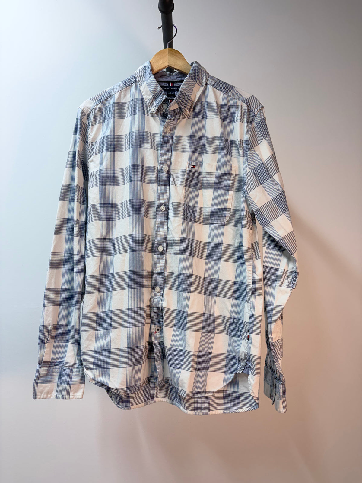 Tommy Hilfiger Blue & White Plaid Slim-Fit Long-Sleeve Shirt
