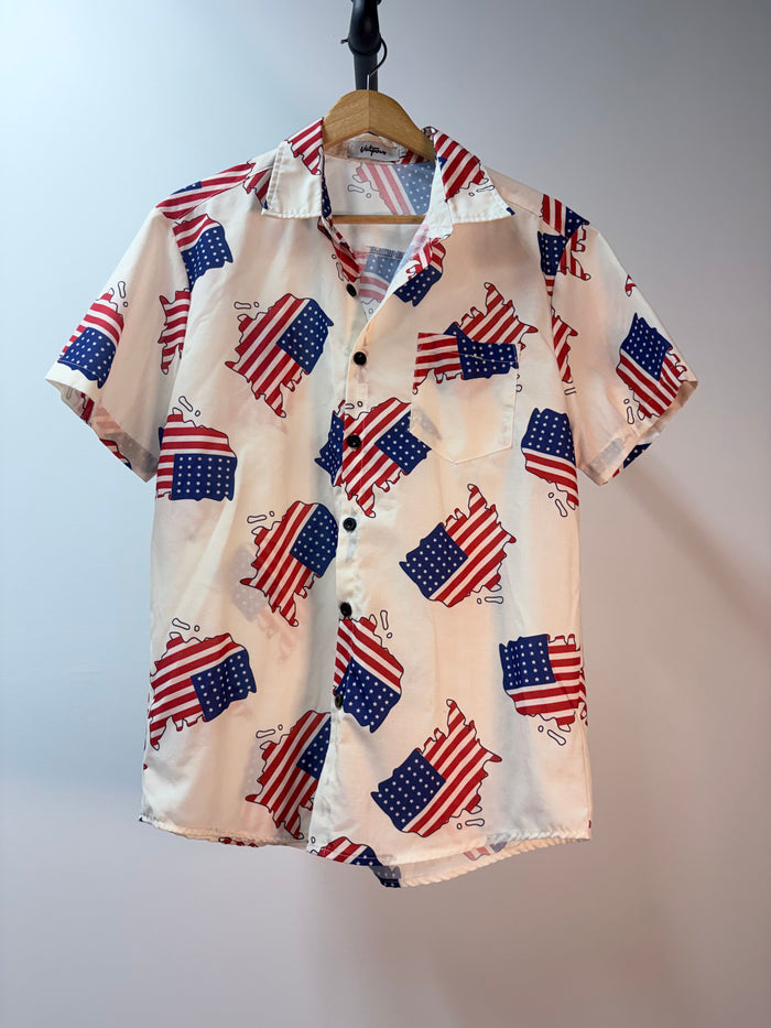 Vatpave Patriotic USA Flag Print Short-Sleeve Button-Up