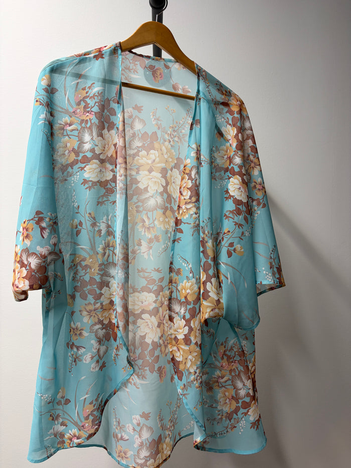 Turquoise Floral Sheer Kimono Cover-Up