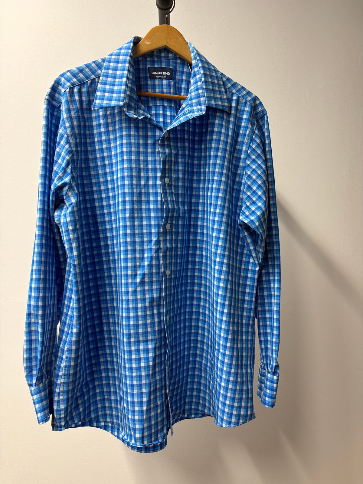 Lands’ End Blue Gingham Button-Up Shirt Size L
